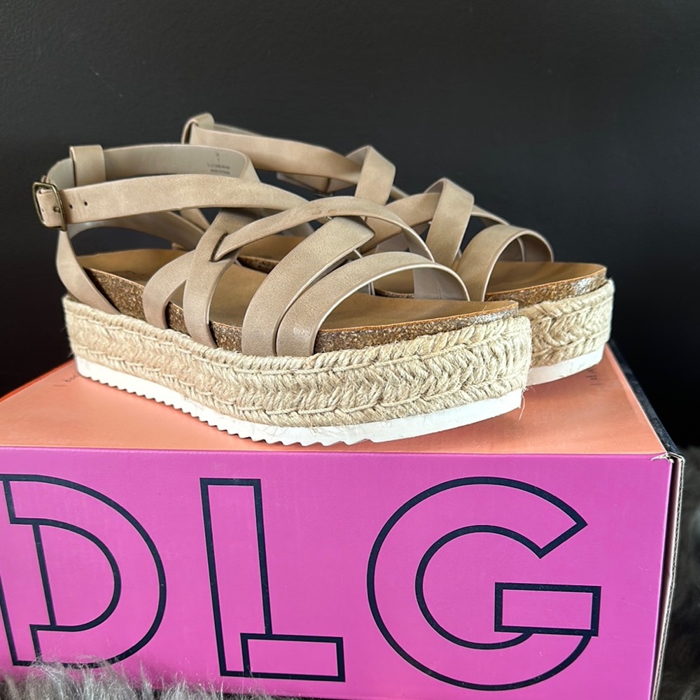 Tan Platform Sandals with Woven Straps and Espadrille Sole